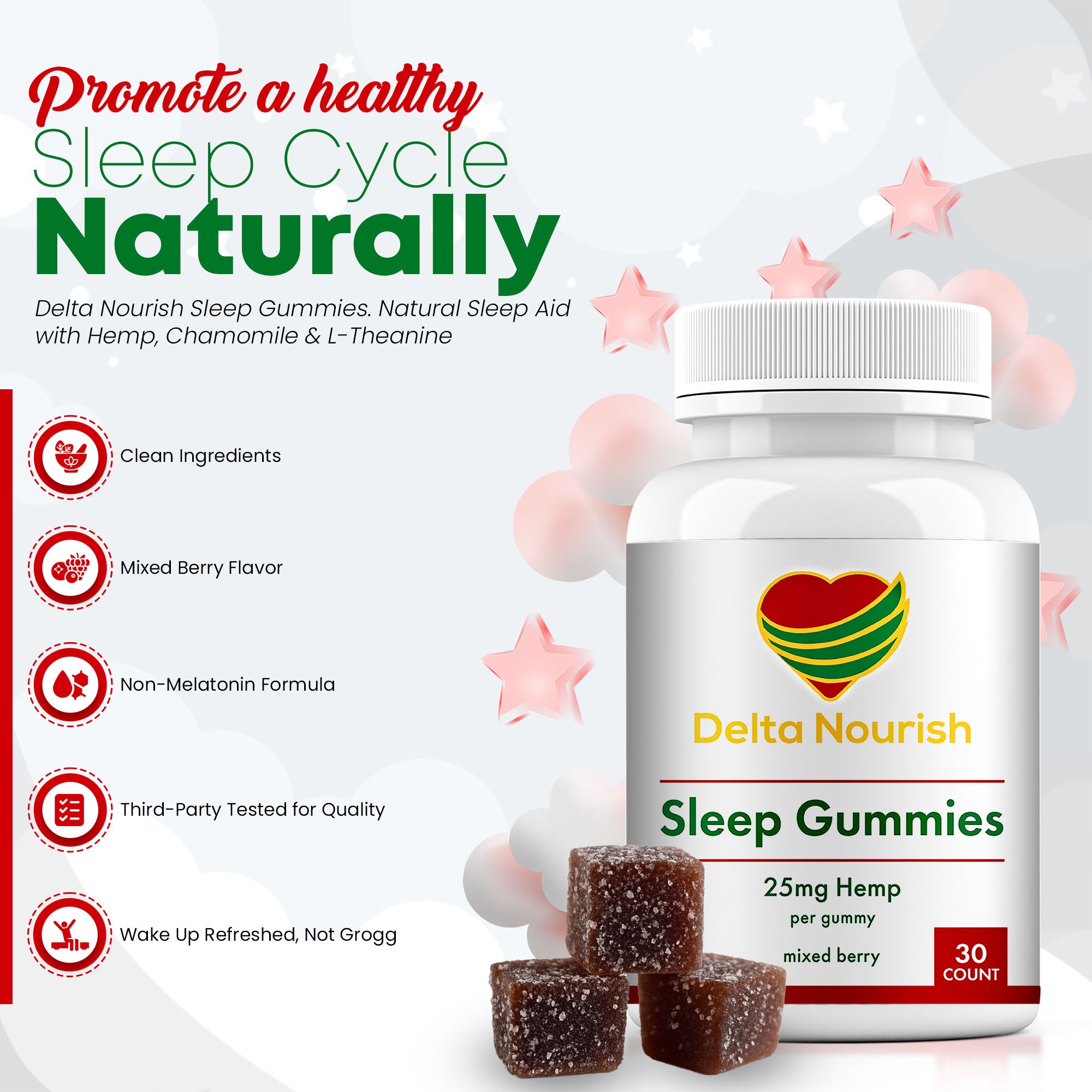 Delta Nourish Sleep Gummies – Natural Sleep Support with Hemp Extract – Mixed Berry Flavor – Vegan, Non-Habit Forming – 30 Count