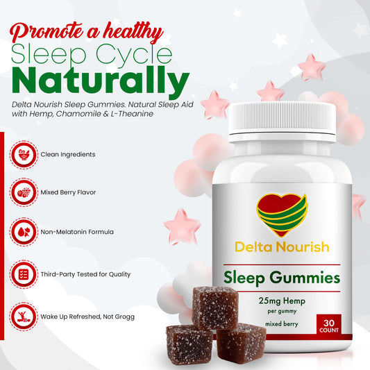 Delta Nourish Sleep Gummies – Natural Sleep Support with Hemp Extract – Mixed Berry Flavor – Vegan, Non-Habit Forming – 30 Count