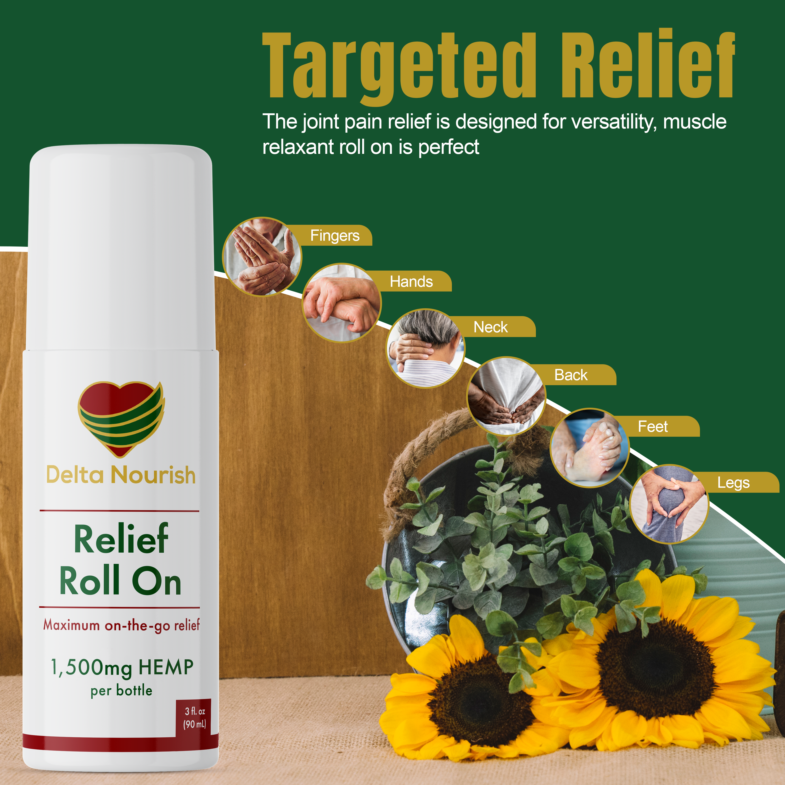 Applying Delta Nourish roll-on pain relief for quick muscle recovery.