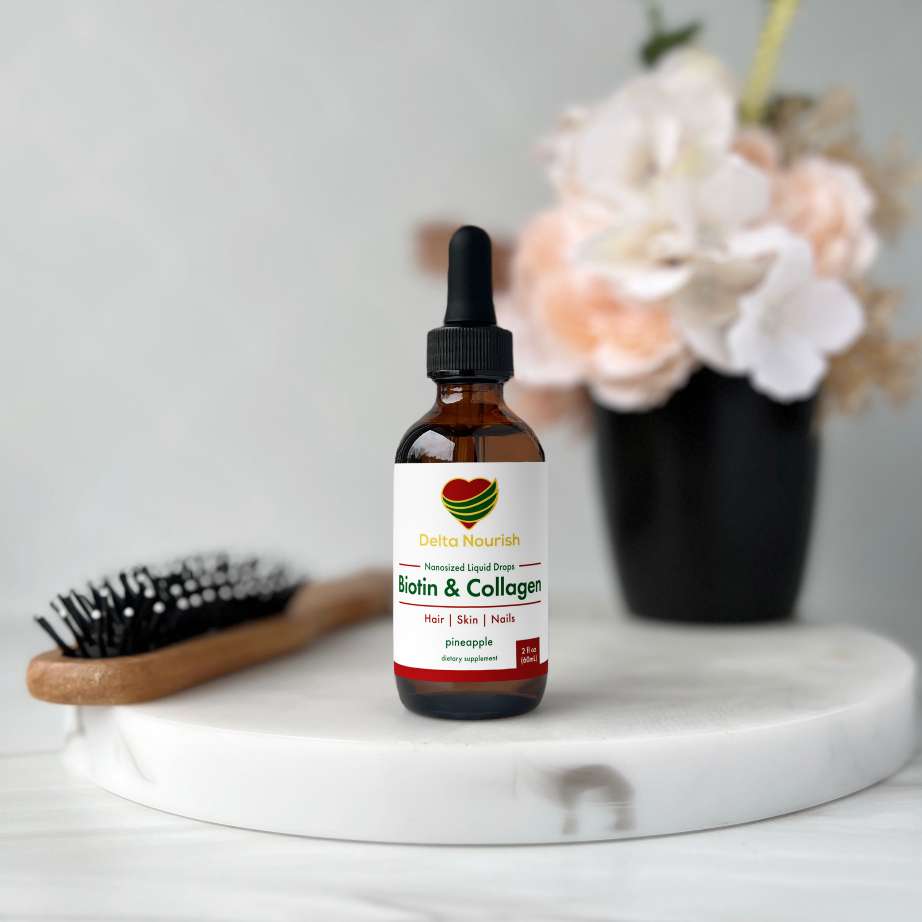 Delta Nourish Biotin and Collagen Supplement for healthy hair, skin, and nails.