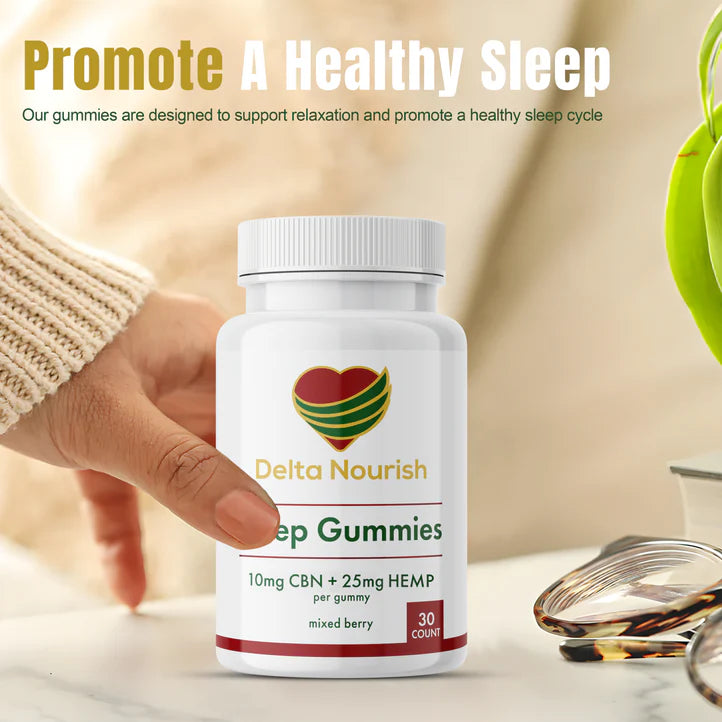 Drift into Tranquility – Delta Nourish Sleep Gummies, 10mg CBN, Mixed Berry Flavor, Vegan-Friendly, 30 Gummies.