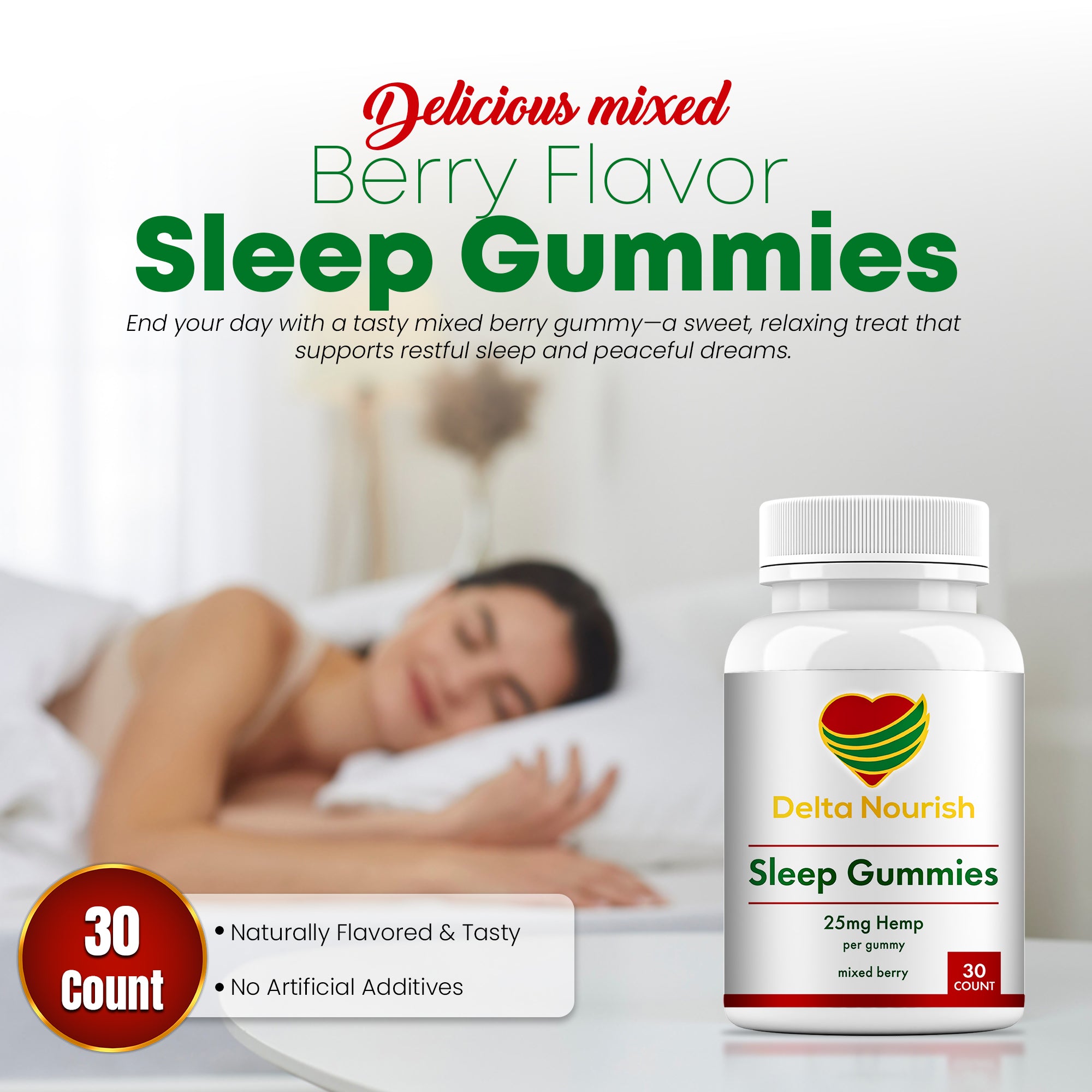 Experience calm and restful sleep with Delta Nourish Sleep Gummies.