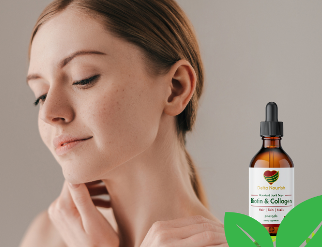 Close-up of Delta Nourish Biotin and Collagen Drops for beauty and wellness.