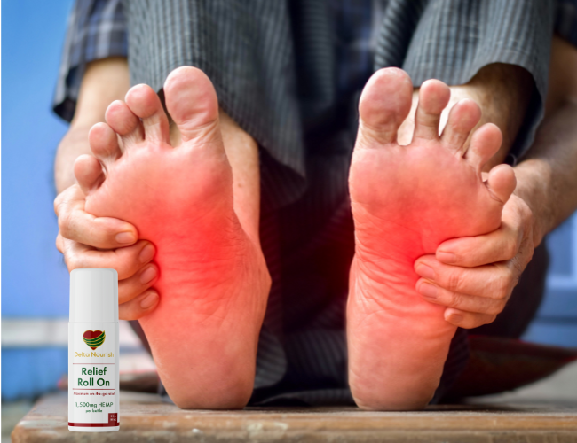 Close-up of Delta Nourish roll-on applicator for targeted pain relief.